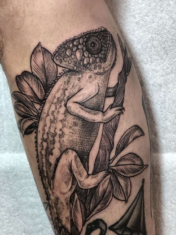 Chameleon tattoo on the shin for men