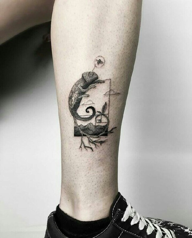 Chameleon tattoo on the shin for men