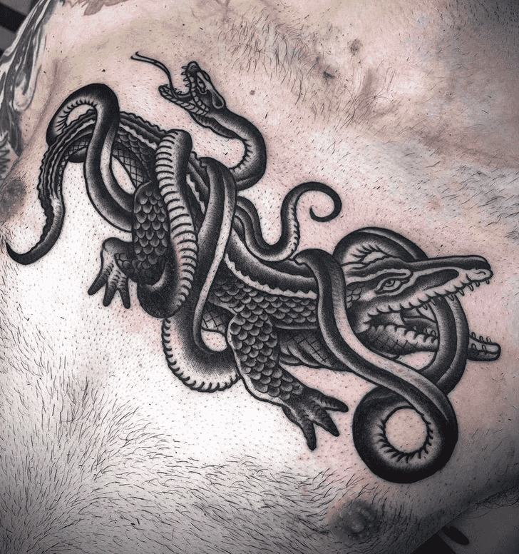 Crocodile tattoo with snakes on the chest for men