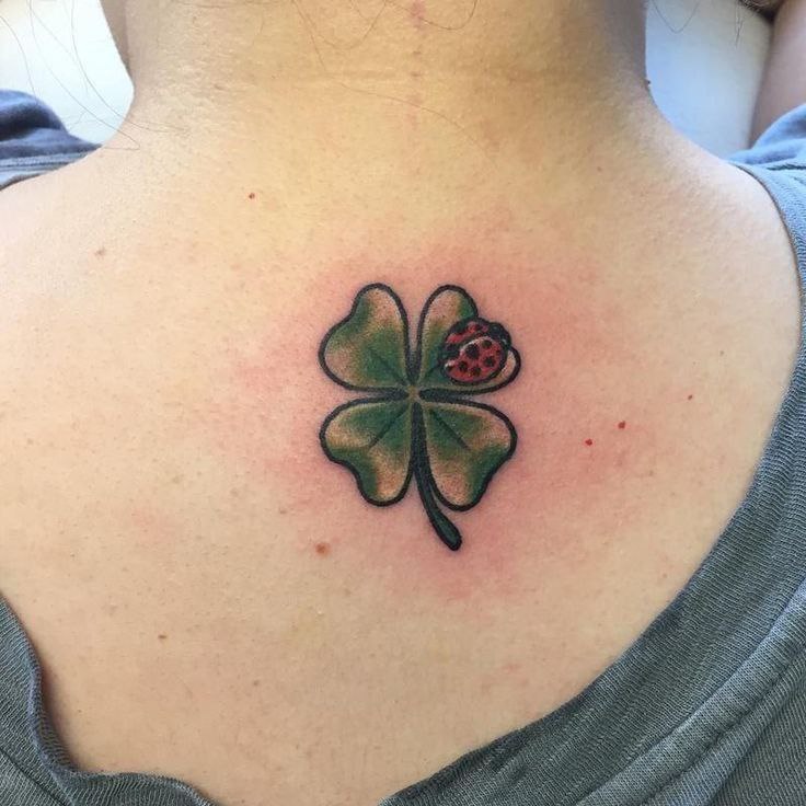 Colorful clover tattoo on the back for women