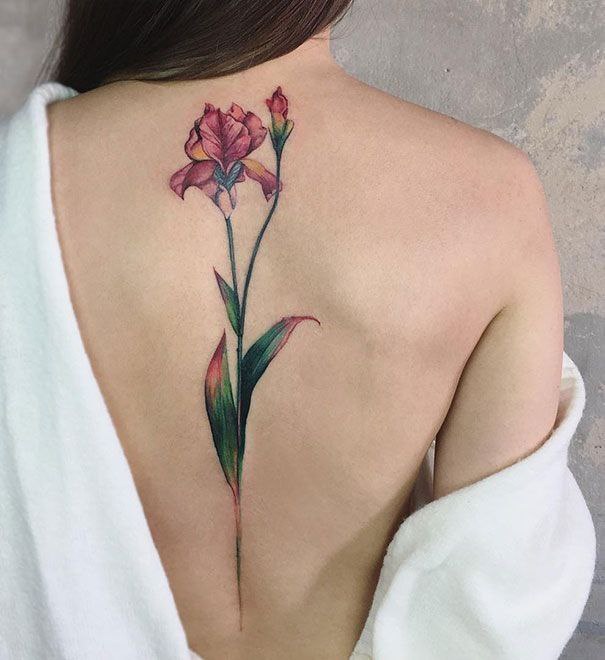 Color iris tattoo on the spine for women