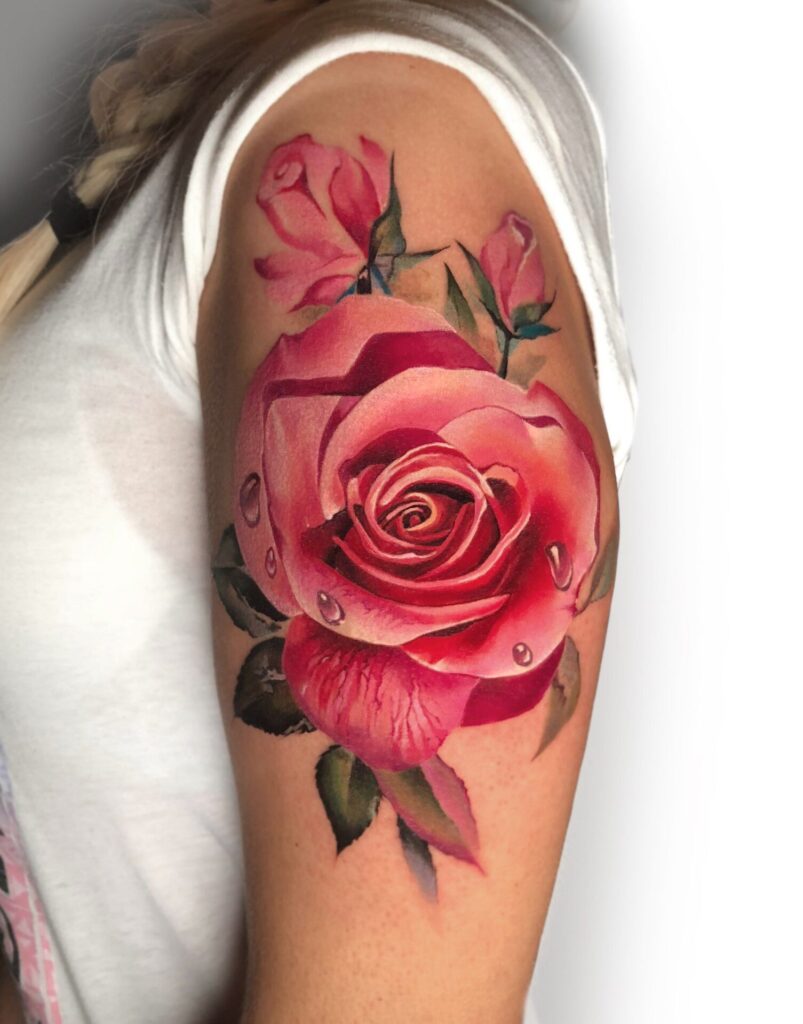 Large rose tattoo on the shoulder for women