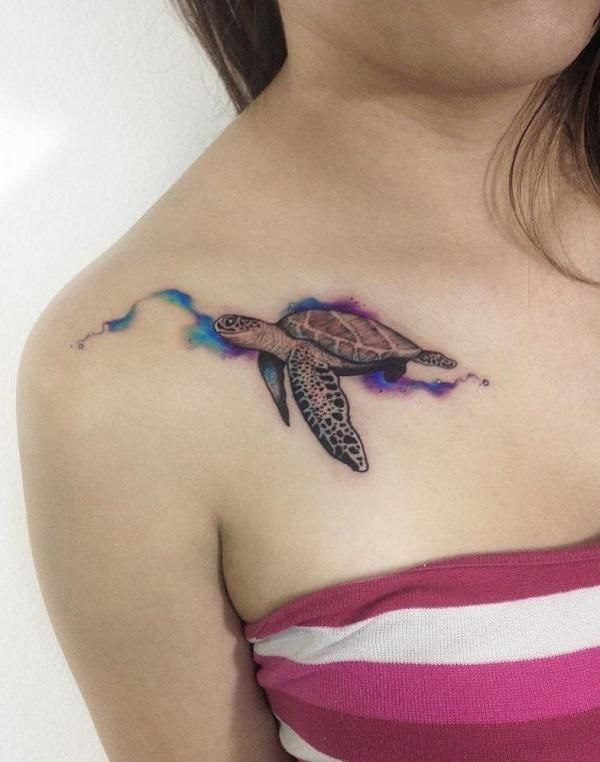 Turtle tattoo on the collarbone for women