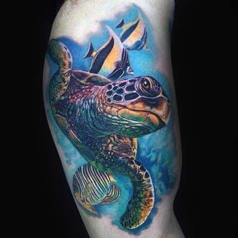 Tattoo of a colored turtle on the leg for women