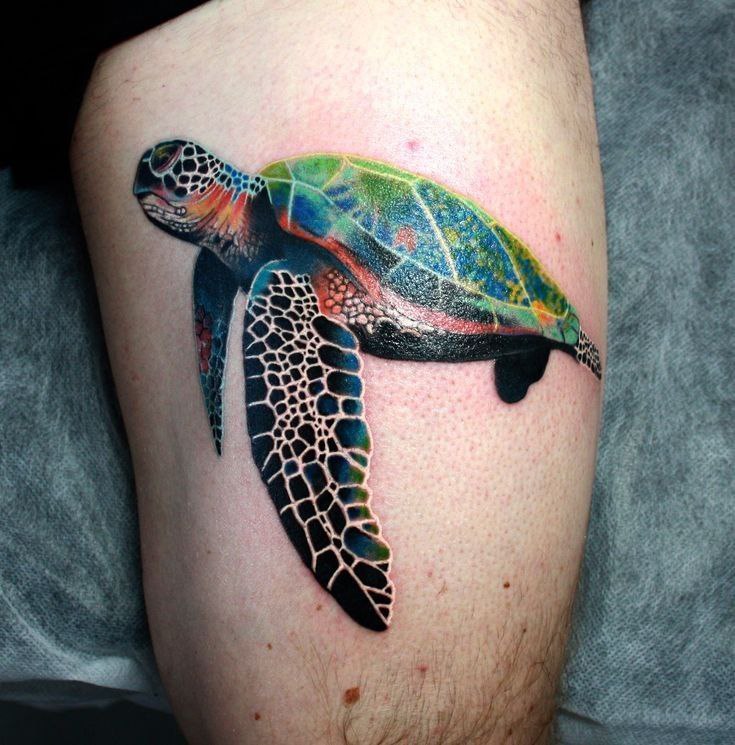 Tattoo of a colored turtle on the thigh for men