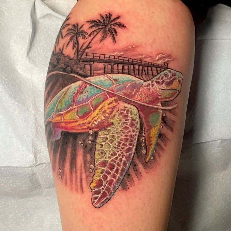 Turtle tattoo on the shin for men