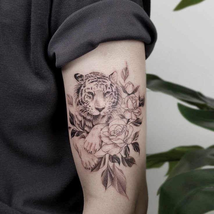 Tattoo of a tiger with roses on the shoulder for men