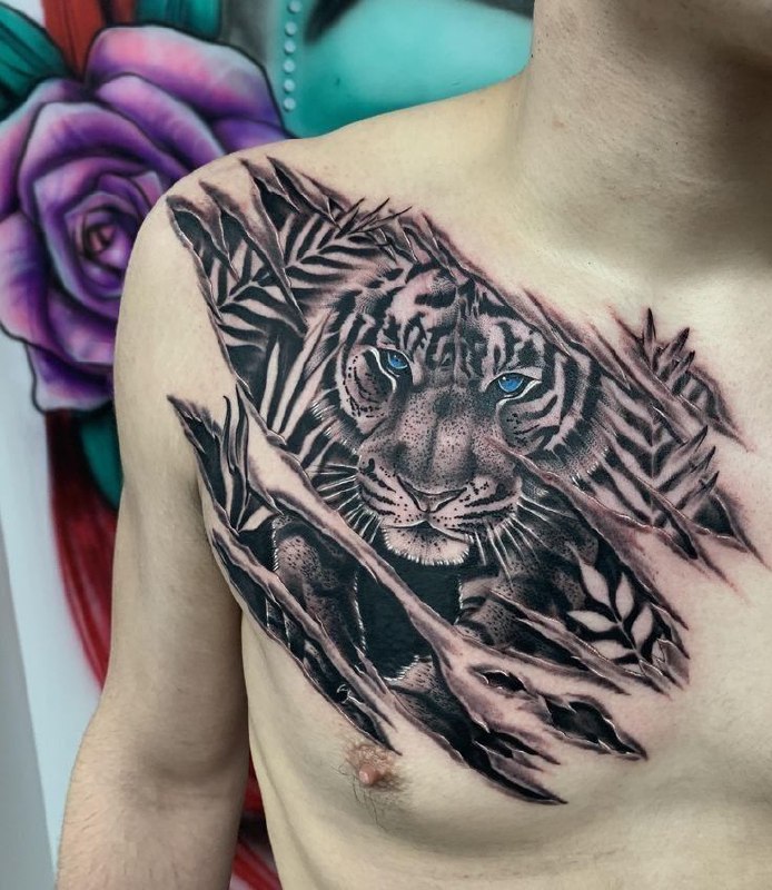 Tattoo of a tiger on the chest for men