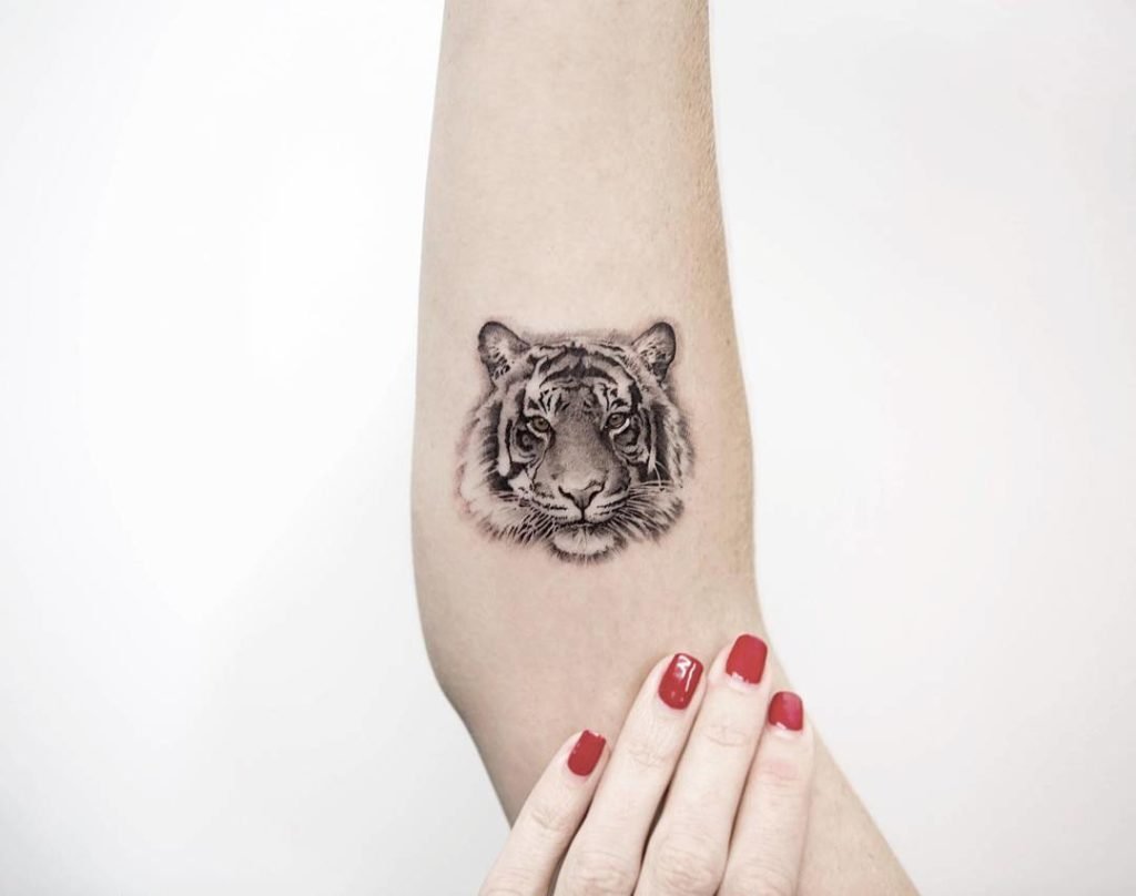 Tattoo of a tiger on the forearm for women