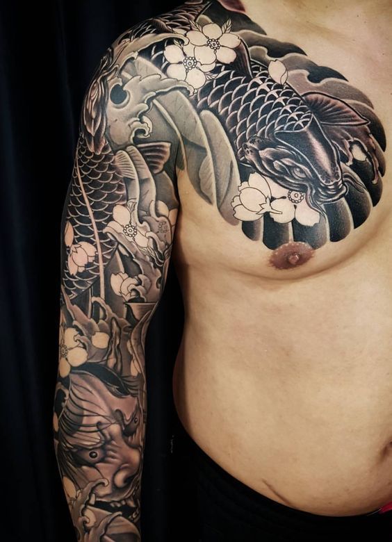 Large carp tattoo on the chest for men