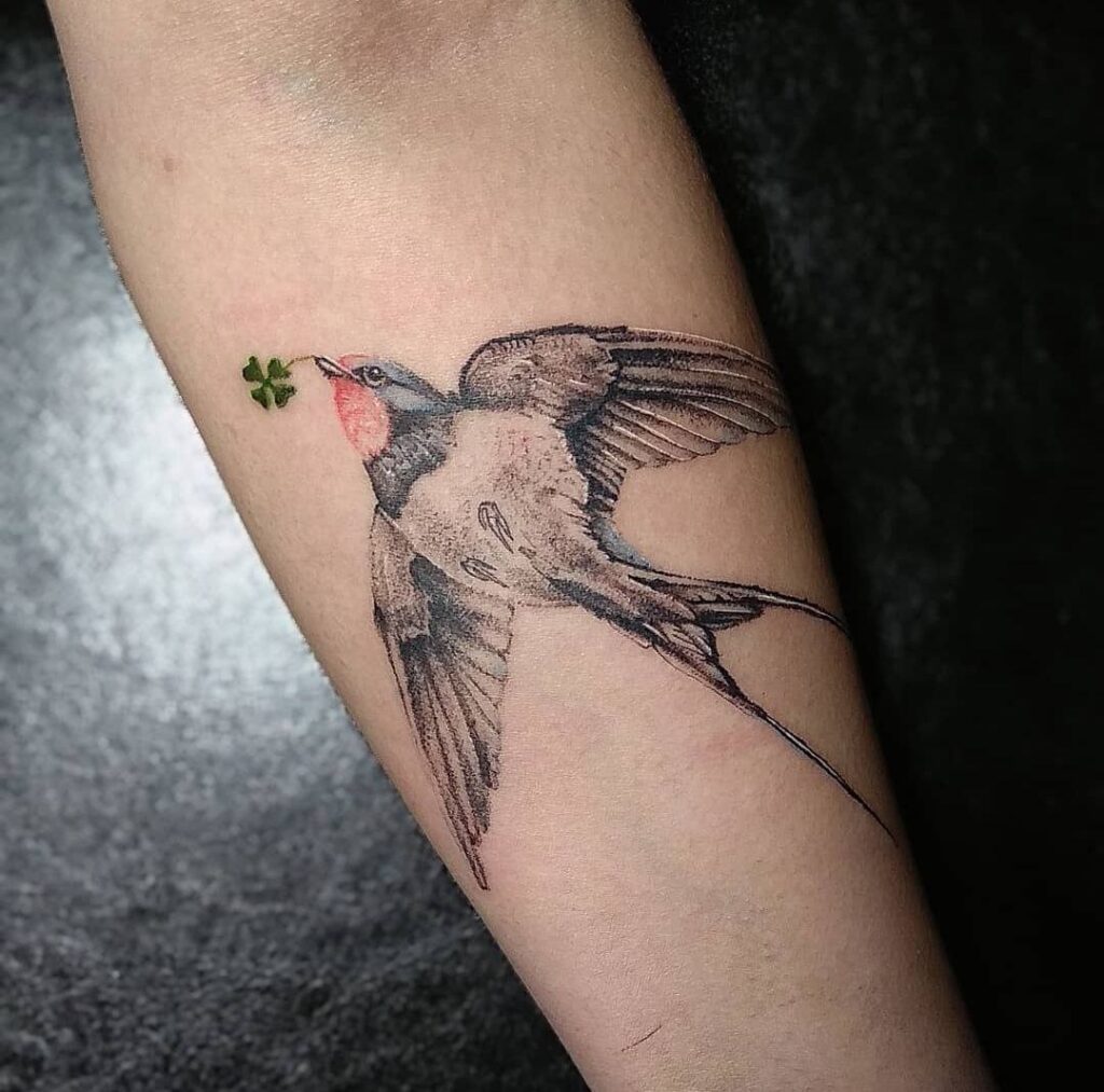 Color swallow tattoo on forearm for women