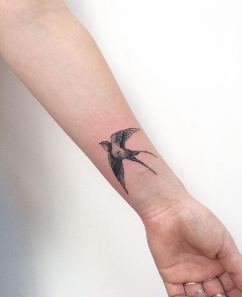 Large swallow tattoo on the forearm for women