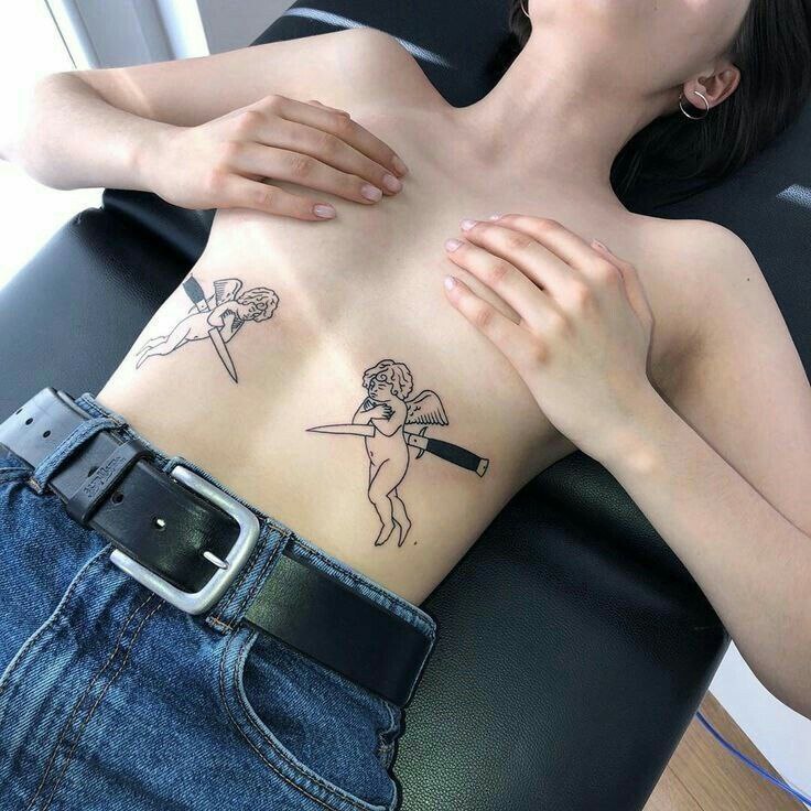 Tattoo of two angels on the stomach for women