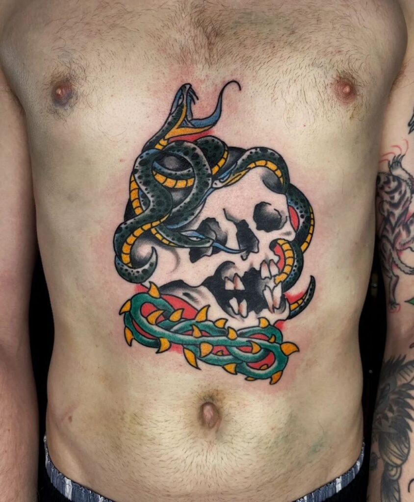 Colored snake tattoo on the stomach for men