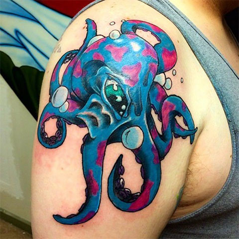 Colorful octopus tattoo on the shoulder for men