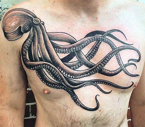 Large octopus tattoo on the chest for men