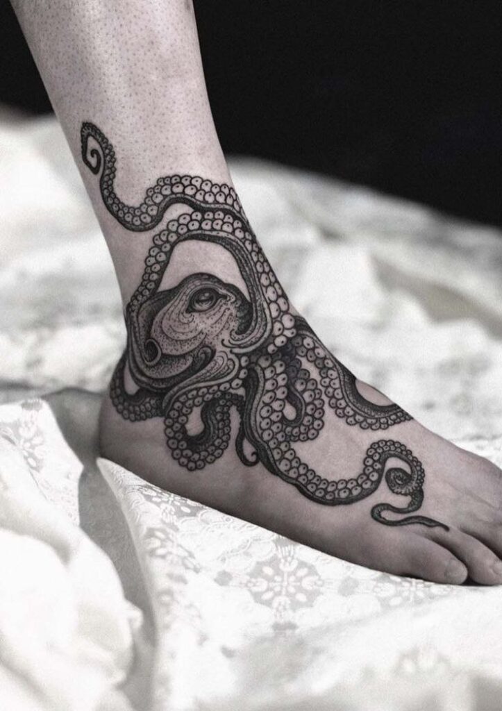 Large octopus ankle tattoo for women