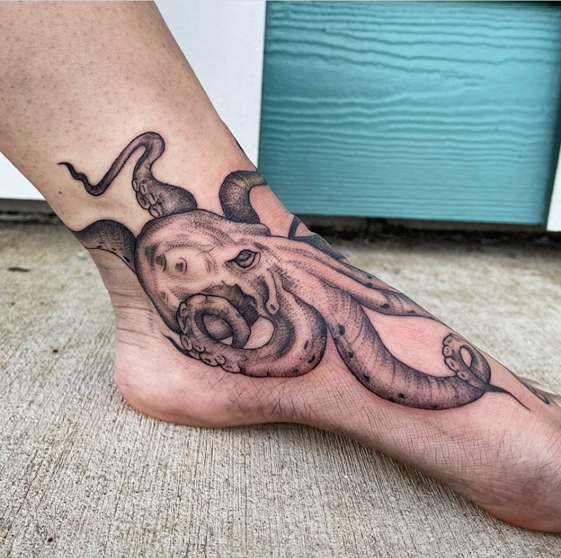 Large octopus ankle tattoo for women