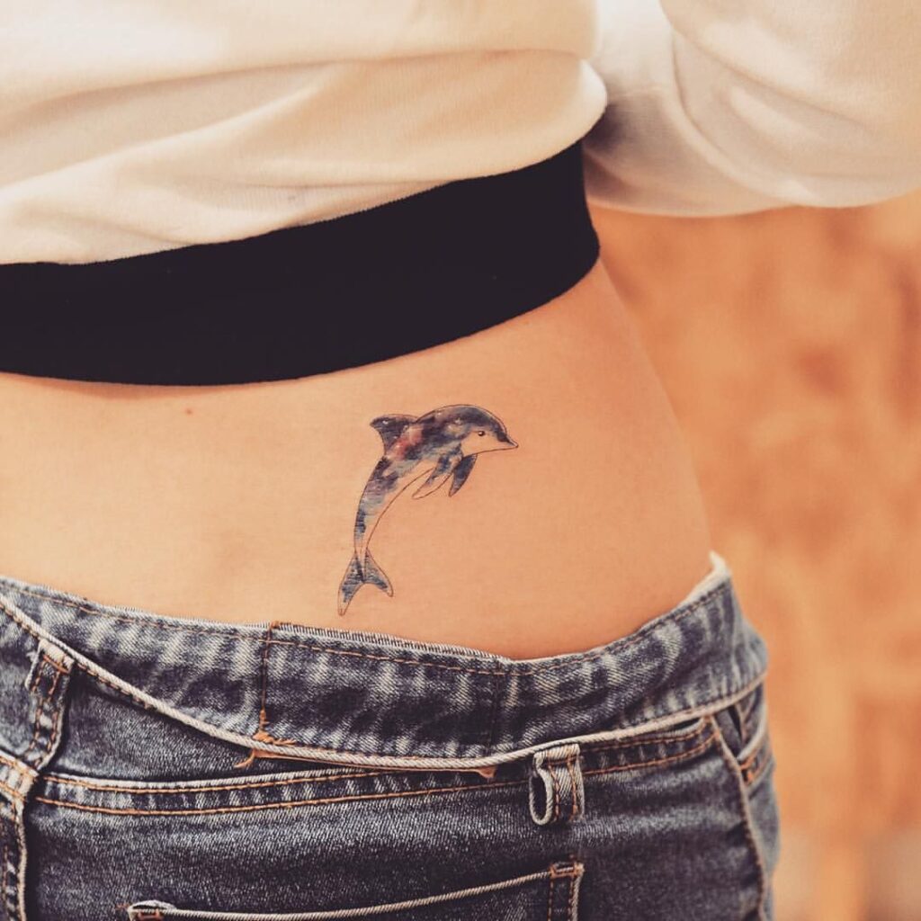 Colorful dolphin tattoo on the back for women