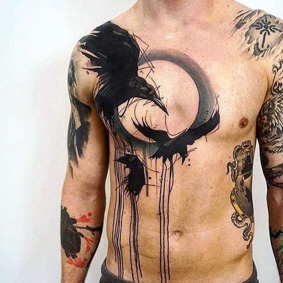 Large tattoo of three crows on the chest for men