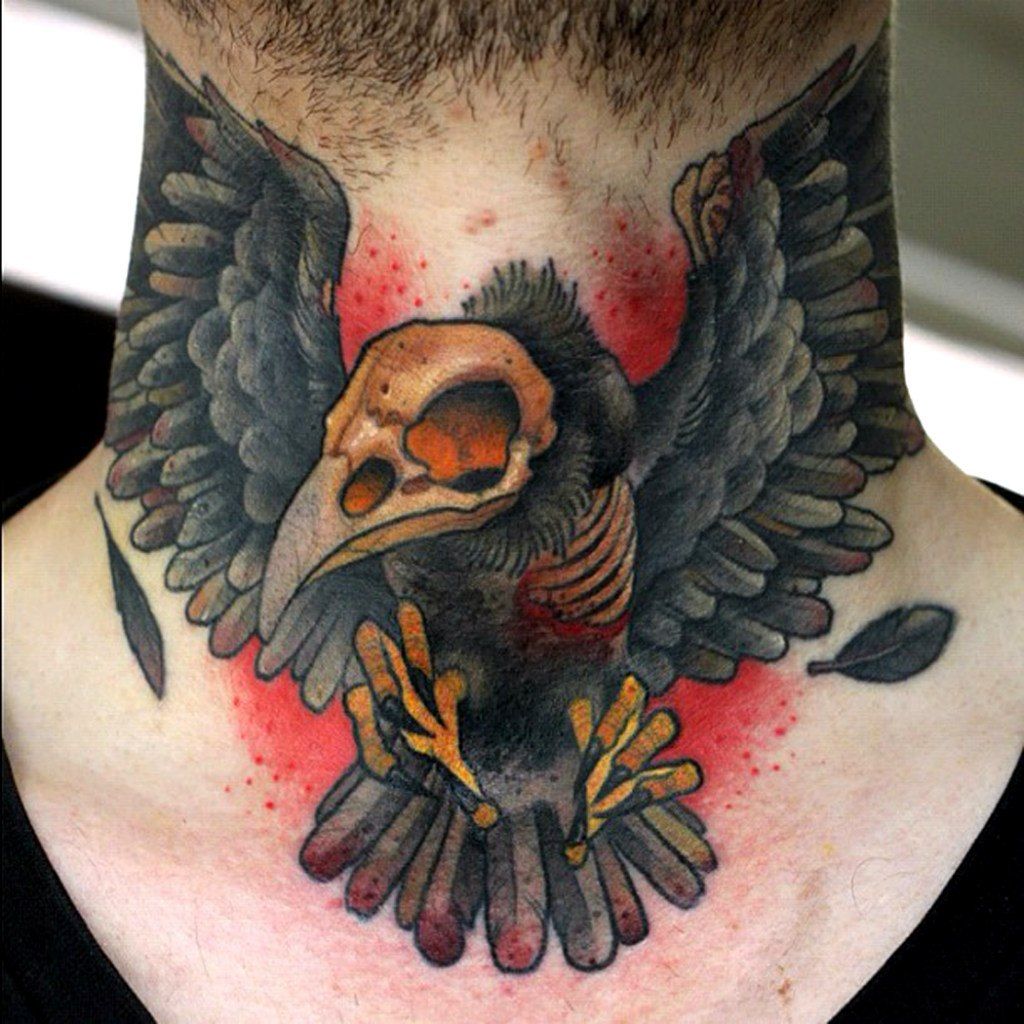 Colorful crow neck tattoo for men