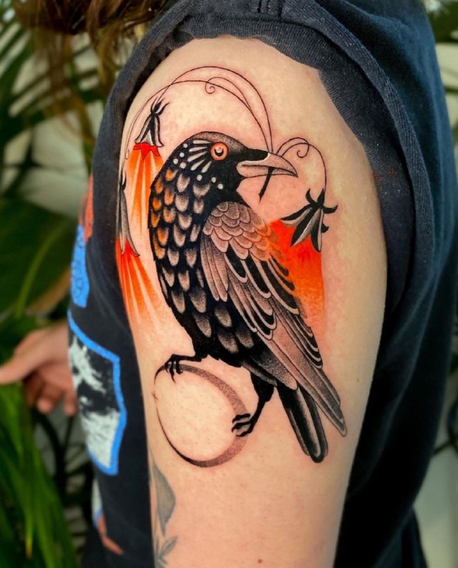 Color tattoo of a raven on the shoulder for men