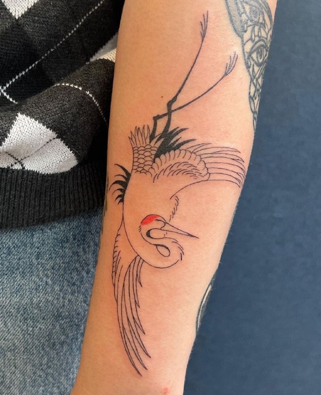 Color tattoo of a crane on the arm for men