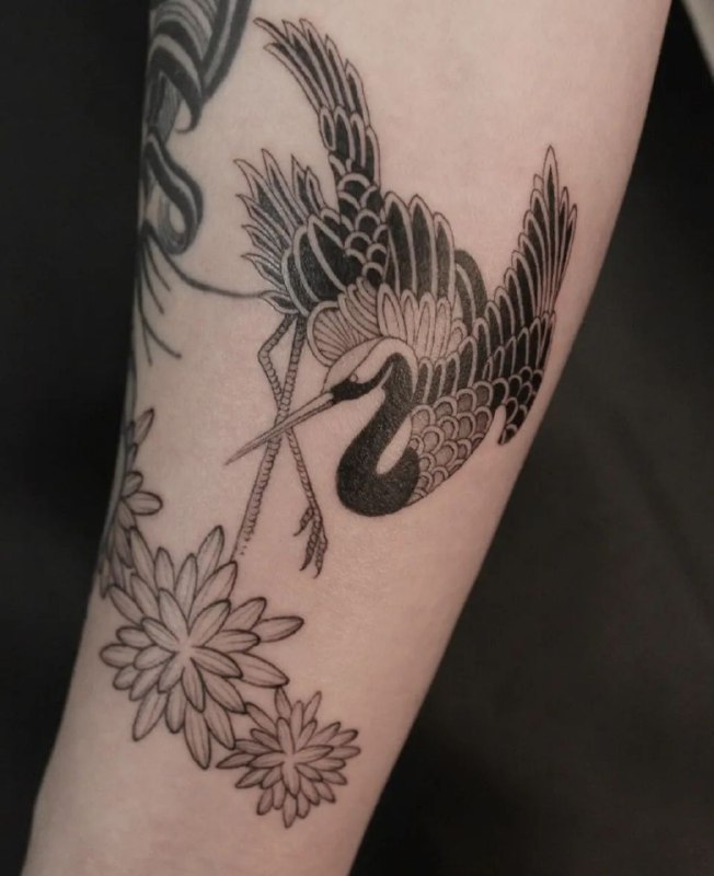 Crane tattoo on the arm for women