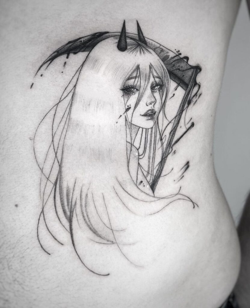 Large tattoo of a girl with a scythe on her side for women