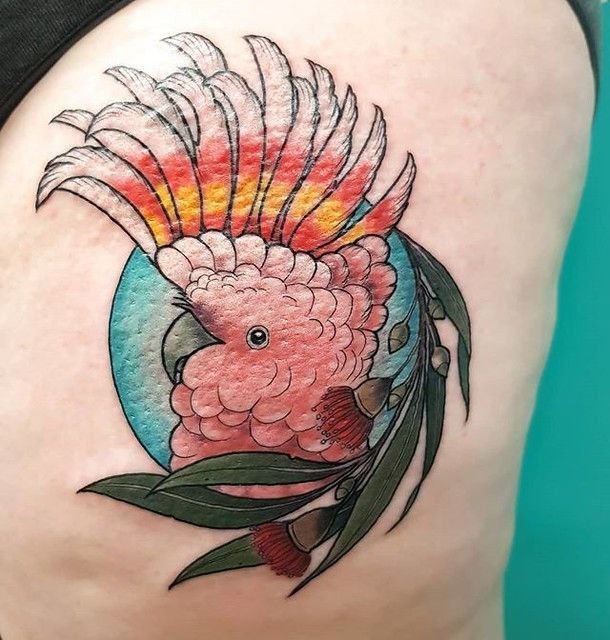 Colorful parrot tattoo on the thigh for women