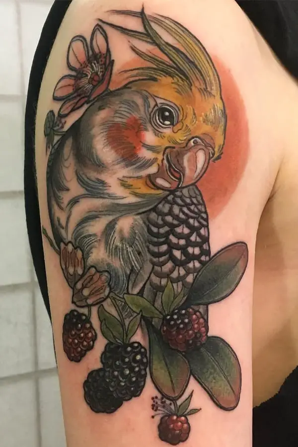 Colorful parrot tattoo with berries on the shoulder for men