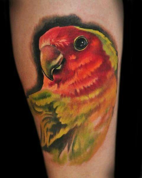 Large parrot tattoo on the thigh for women