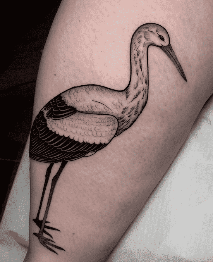 Large stork tattoo on the leg for women