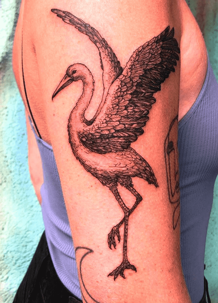 Large stork tattoo on the shoulder for women