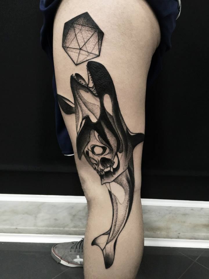 Large orca tattoo on the leg for men