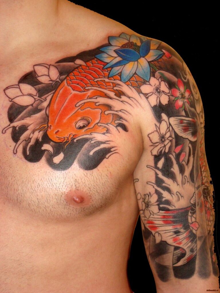 Large carp tattoo on the shoulder for men