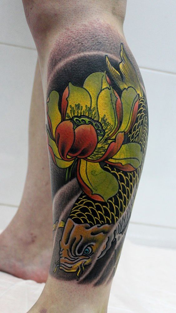 Color carp tattoo on the shin for men