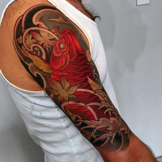 Large carp tattoo on the shoulder for men