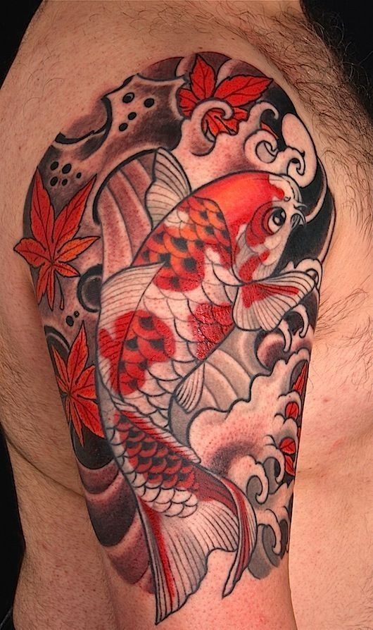 Color carp tattoo on the shoulder for men