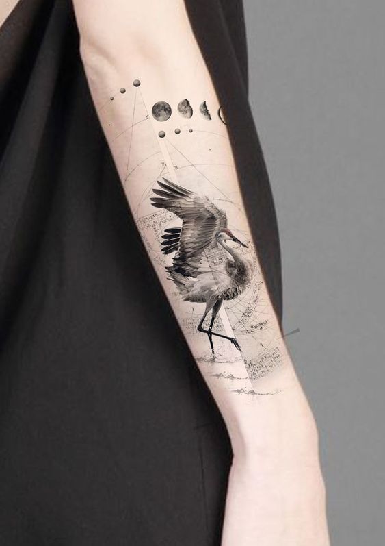 Crane tattoo on forearm for women