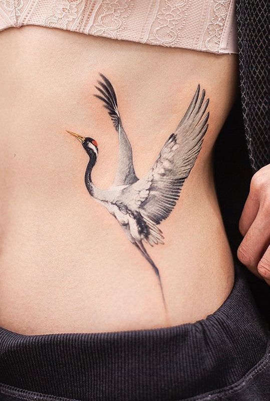 Colorful crane tattoo on the side for women