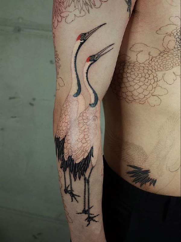 Large tattoo of two cranes on the arm for men