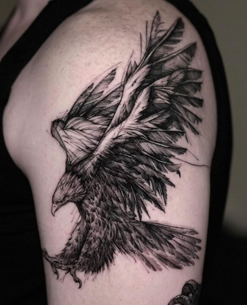 Large eagle tattoo on the shoulder for men