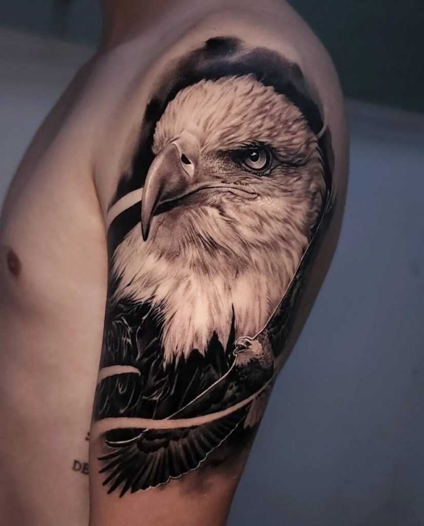 Large eagle tattoo on the shoulder for men