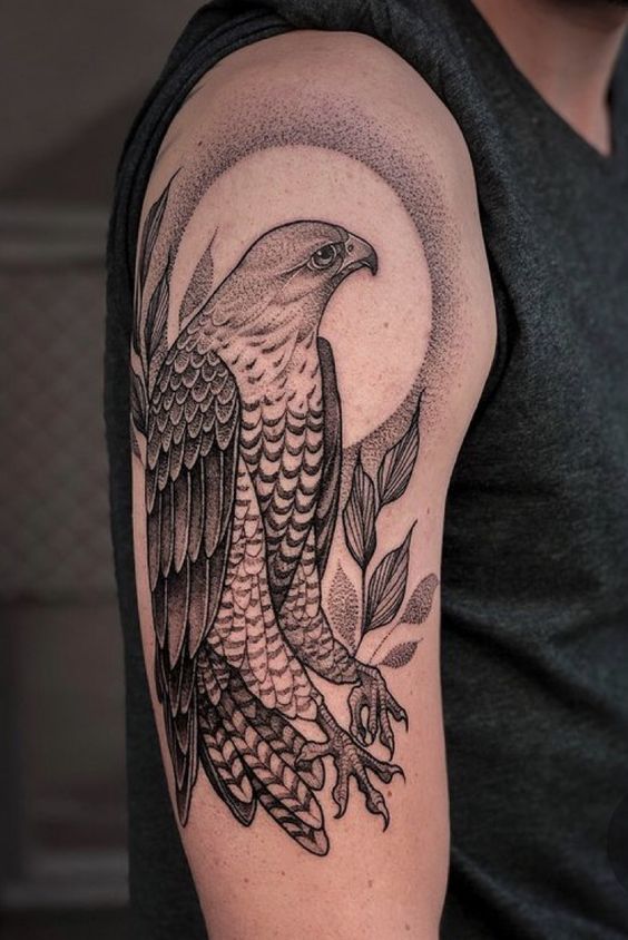 Large falcon tattoo on the shoulder for men