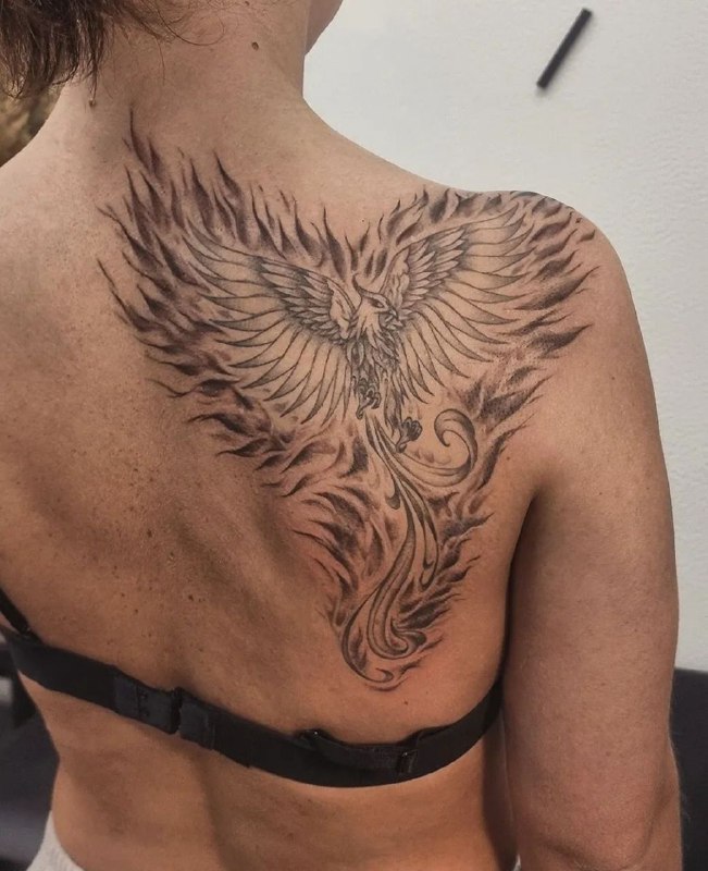 Firebird tattoo on the shoulder blade for women