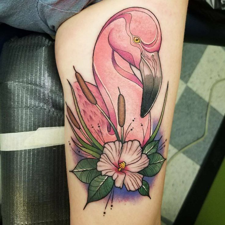 Color flamingo tattoo on the shoulder for women