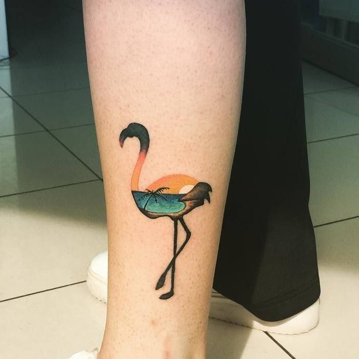 Flamingo tattoo on the shin for women