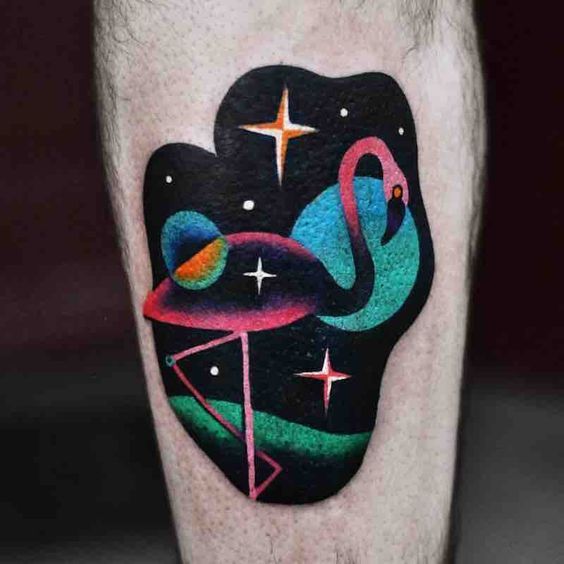 Colored flamingo tattoo on the shin for men