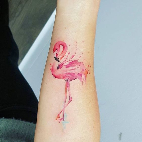 Color flamingo tattoo on the forearm for women